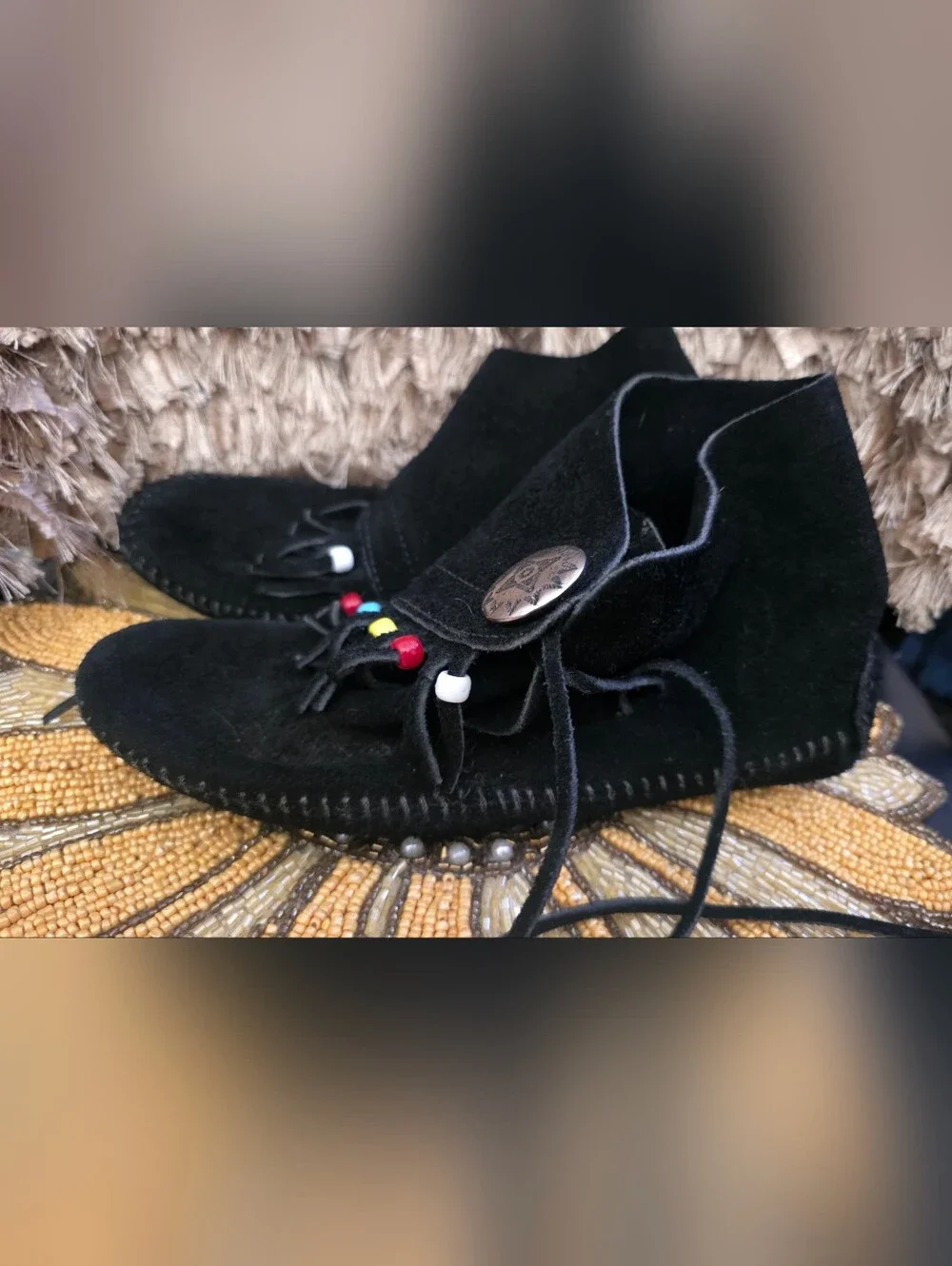 Black Suede Fringe Moccasin Sandals with Color Beads - Picture 2 of 4